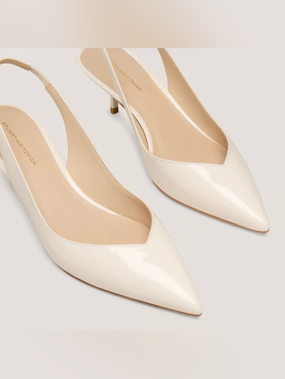 Stuart Weitzman Ivory Patent Pointed-Toe Slingback Heels